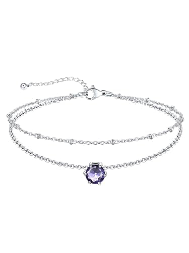 U7 Silver Ankle Bracelet for Women, Waterproof Layered Ankle Round Gem Birthstone Anklets, Summer Beach Foot Jewelry, Adjustable 8.5"-10.5" - color: 06.June-Alexandrite Purple