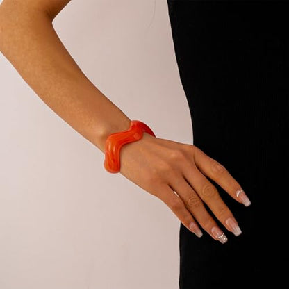 Creative Wave-shaped Opening Cuff Bracelets Statement Colorful Geometric Chunky Bangle Bracelets Acrylic Resin Irregular Wristbands for Beach Vacation Jewelry - color: Orange