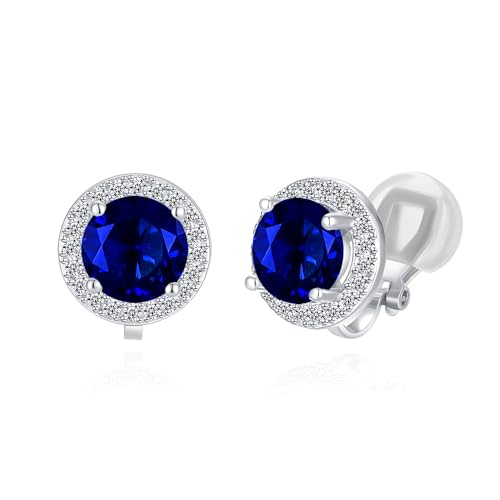 YOQUCOL 8MM Cubic Zirconia Crystal Clip On Stud Earrings Round Non Pierced Earrings for Women - color: Blue