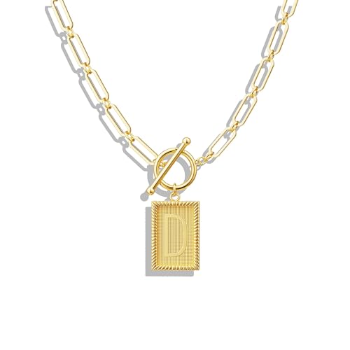 Tewiky Gold Initial Necklaces for Women, Square Letter Pendant Necklace | Toggle Clasp，Trendy 14K Gold Plated Dainty Paperclip Chain Necklaces for Women，Jewelry Gifts - style: Gold D