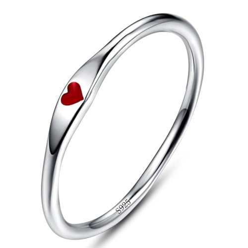 AVECON S925 Sterling Silver Thin Carve Heart Ring for Women Men, Love Style | Hypoallergenic Promise Wedding Band for Her, Stackable Jewelry Gifts for Anniversary Valentine's Day, Accurate Size 5-10 - color: D-Silver-Red