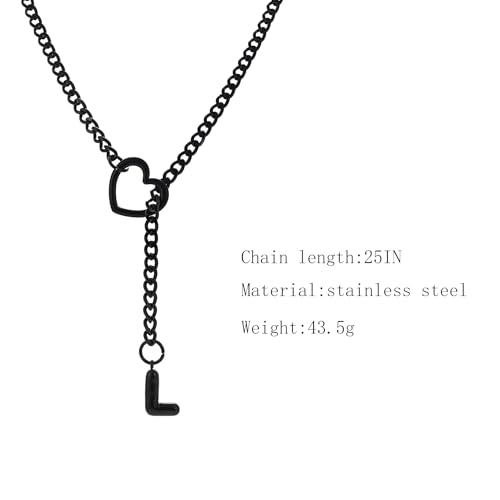 sroyte Black Heart Slip Chain Initial Necklaces for Women,Stainless Steel O-Ring Adjustable Lariat Heart Y-Necklace,Punk Gothic Cuban Collar Choker Necklace for women - color: Black L