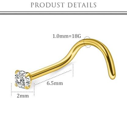 Hoeudjo Nose Studs Surgical Steel Cubic Zirconia Nose Rings Kit for Women Men Tiny Nose Stud Bone & Screw & L Shaped Nostril Piercing Jewelry 24/22/20/18 Gauge 10 Pieces - color: gold-tone,screw nose studs, size: 18g/2mm clear CZ