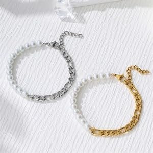 Pearl Spliced Stainless Steel Figaro Chain Bracelet, Hip Hop Style, Adjustable, for Women - color: Gold Plated