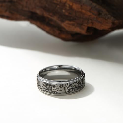 Tungsten Ring 8mm Computer Circuit Pattern Ring Black/Gold/Silver Tungsten Carbide Wedding Band for Men Comfort Fit - color: Silver