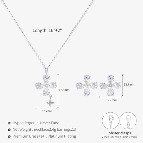 14K Gold Plated | 14K Platinum Plated Necklace for Women Necklace Earrings Set with Sparkling Zircon Inlay and Silver Post Earrings - color: Cross fringe set silver