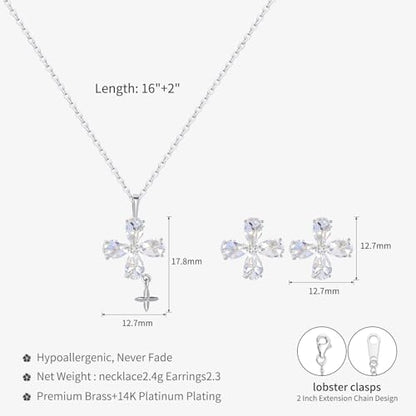 14K Gold Plated | 14K Platinum Plated Necklace for Women Necklace Earrings Set with Sparkling Zircon Inlay and Silver Post Earrings - color: Cross fringe set silver