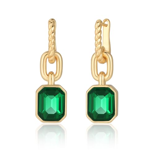 Birthstone Crystal Dangle Drop Earrings, 18K Gold Plated Huggie HoopEarring | Hypoallergenic Earring Jewelry Gifts for Women, Birthdays, anniversaries, weddings - color: Green-1