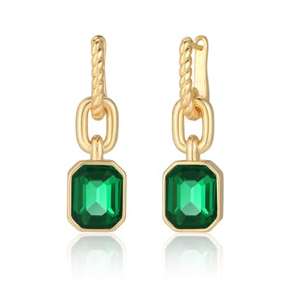 Birthstone Crystal Dangle Drop Earrings, 18K Gold Plated Huggie HoopEarring | Hypoallergenic Earring Jewelry Gifts for Women, Birthdays, anniversaries, weddings - color: Green-1