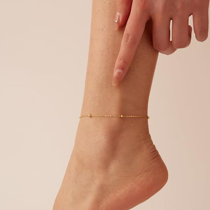 NONAMOIS Ankle Bracelets for Women Dainty 18K Gold Plated Anklet Waterproof Round Beaded Paperclip Herringbone Pearl Chain Anklets Waterproof Beach Foot Jewelry - color: Beaded-GD