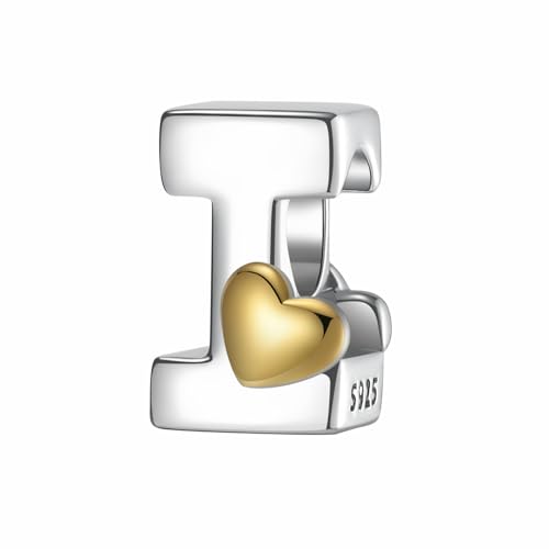 A~Z Alphabet Charm Letter Beads 925 Sterling Silver with Heart-shaped 5A Cubic Zircon Stones fits Pandora European Bracelets Necklace Jewelry Gift for Women - style: I Letter Charms
