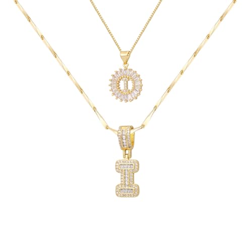 2PCS Initial Necklaces for Women, 14K Gold Plated Letter Pendant Set | Trendy Layered Bling Style, Meaningful Letter & Round CZ Pendant Design - color: Gold, style: Letter I