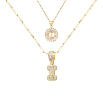 2PCS Initial Necklaces for Women, 14K Gold Plated Letter Pendant Set | Trendy Layered Bling Style, Meaningful Letter & Round CZ Pendant Design - color: Gold, style: Letter I