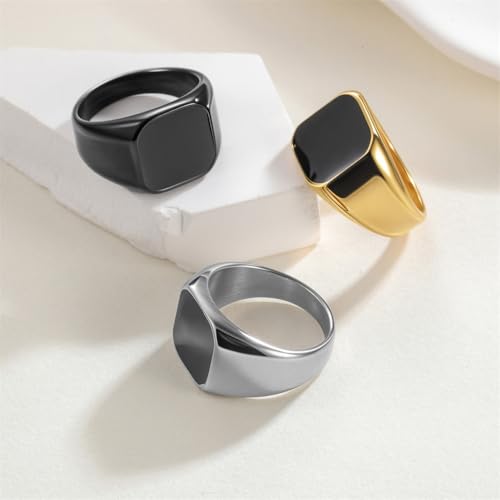 PAURO Unisex Stainless Steel Minimalist Square Enamel Signet Ring Plated Glossy Wedding Band - color: Black