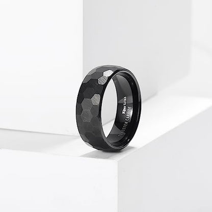 King Will Men's Tungsten Carbide Wedding Ring Hammered Groove Wedding Band Mens Two Tone Engagement Ring for Men and Women Matte Brushed Finish Comfort Fit - color: 8mm Blcck Hexagon