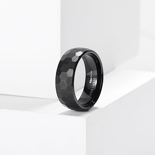 King Will Men's Tungsten Carbide Wedding Ring Hammered Groove Wedding Band Mens Two Tone Engagement Ring for Men and Women Matte Brushed Finish Comfort Fit - color: 8mm Blcck Hexagon