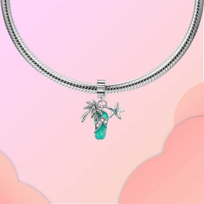 Family Love Mother Daughter Grandma Charm 925 Sterling Silver fits Bracelets Necklace Pendant Bead Charms Jewelry Gift for Women Family Friends - color: Coconut Tree & Starfish & Slippers Charm
