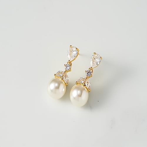 SWEETV Cubic Zirconia Pearl Drop Wedding Earrings for Brides, Ivory Bridal Pearl Earrings for Bridesmaid Jewelry Gift - color: 01.Style 1-Gold
