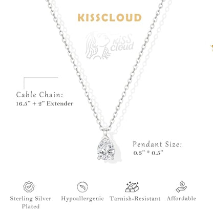 Gold Necklace for Women 14K Gold Plated Dainty Pendant Chain Puffy Heart Italian Horn Radiant Sun Compass CZ Teardrop Bow Charm Trendy Jewelry Gift - color: Silver-CZ teardrop/cable chain