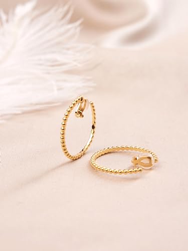 FAN&LOUIS 24K Gold Plated Hoop Clip On Earrings for Women, Gold Beaded Hoop Trendy Hypoallergenic Non Pierced Earrings Painless Lightweight 38mm Clip-On Earrings - style: Gold