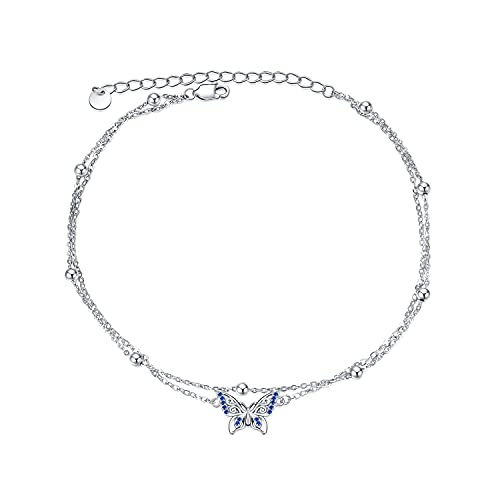 POPLYKE 925 Sterling Silver Double Layered Chain Evil Eye Daisy Sunflower Butterfly Anklets for Women Holiday Beach Crystal Ankle Bracelet Dainty Evil Eye Jewelry - style: Butterfly Anklet