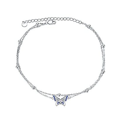 POPLYKE 925 Sterling Silver Double Layered Chain Evil Eye Daisy Sunflower Butterfly Anklets for Women Holiday Beach Crystal Ankle Bracelet Dainty Evil Eye Jewelry - style: Butterfly Anklet