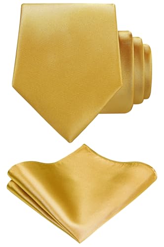 TIE G Solid Satin Woven dyed Color Formal Black Necktie and Pocket Square Sets in Gift Box - color: Gold
