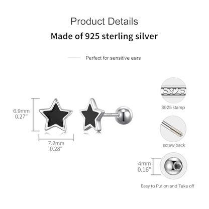 JSGEMSLEE Hypoallergenic 925 Sterling Silver Stud Earrings for Women With Screw Back Small Butterfly Heart Flower Earrings for Girls Tragus Cartilage Jewelry Gifts - color: black star