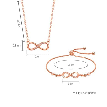 Nilu's Collection Infinity Shape Cubic Zirconia Diamond Bracelet for Women, Jewelry for Gift, Adjustable Charm Bracelet (Rose Gold Necklace + Bracelet) - color: Rose Gold Pendant + Bracelet