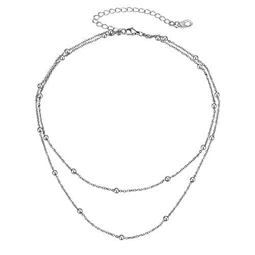 FOCALOOK Choker Necklace for Women, Double Layered Boho Beaded Choker Chain | Dainty 14K Gold Plated/Silver/Black Metal, Simple Small Satellite Beaded Chain Necklace, Hypoallergenic for Everyday Wear - color: 01.2-Layered Satellite Beads-Silver