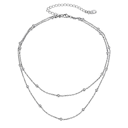 FOCALOOK Choker Necklace for Women, Double Layered Boho Beaded Choker Chain | Dainty 14K Gold Plated/Silver/Black Metal, Simple Small Satellite Beaded Chain Necklace, Hypoallergenic for Everyday Wear - color: 01.2-Layered Satellite Beads-Silver