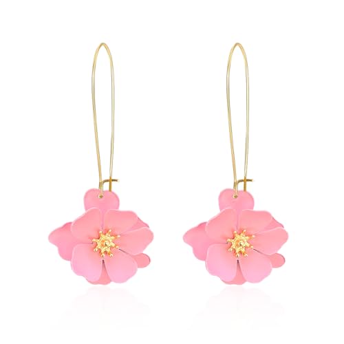 Bohemian Daisy Flower Matte Floral Long Petal Drop Dangle Earrings Layered Tiered for Women Chic Boho Wedding Jewelry - color: Pink