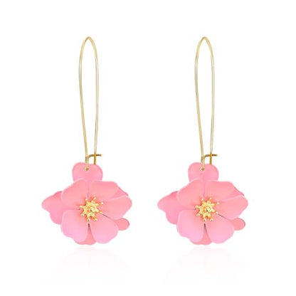 Bohemian Daisy Flower Matte Floral Long Petal Drop Dangle Earrings Layered Tiered for Women Chic Boho Wedding Jewelry - color: Pink