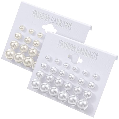 24 Pairs Pearl Studs Earrings for Women, Faux Simulated Pearl Earrings 4 Mixed Sizes Round Ball Pearls Stud Earring Set - color: White, Beige