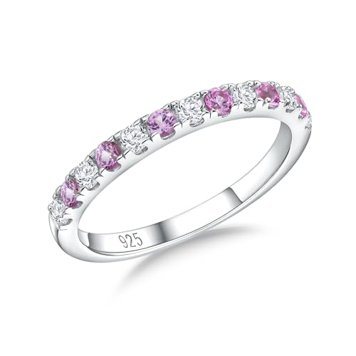 Birthstone Rings Eternity Band 925 Sterling Silver/Yellow Gold-Plated Created Gemstone Stackable Wedding Band 2.7mm Thin Half Eternity Rings for Women Size 6 to 10 - color: 10-Pink Sapphire-Oct.