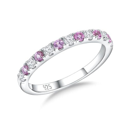Birthstone Rings Eternity Band 925 Sterling Silver/Yellow Gold-Plated Created Gemstone Stackable Wedding Band 2.7mm Thin Half Eternity Rings for Women Size 6 to 10 - color: 10-Pink Sapphire-Oct.