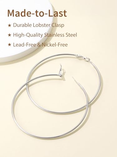 FindChic Thin Hoop Earrings for Women,Silver/Black/Gold Plated 20-100mm - color: Silver, size: 80mm