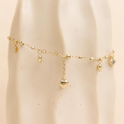 Silver Heart Charm Link Anklet for Women, Adjustable Handmade Cubic Zirconia Stackable Waterproof Summer Beach Chain Anklets Jewelry Accessories Gift - color: Gold Heart Charm