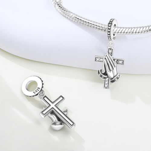 925 Sterling Silver Charms for Bracelets and Necklace Religious Cross Pendants Praying Hands, Bible, Virgin Mary, Jesus, Church Bead Jewelry - color: Praying Hands Cross