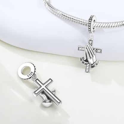 925 Sterling Silver Charms for Bracelets and Necklace Religious Cross Pendants Praying Hands, Bible, Virgin Mary, Jesus, Church Bead Jewelry - color: Praying Hands Cross
