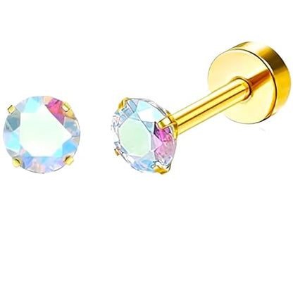 Stainless Steel Stud Earring 1 Pair Gold Flatback Earrings Hypoallergenic Screwback Jewellery Flat Back Helix Jewelry for Sensitive Ears Women Ladies Aretes De Mujer - style: Colour Zircon