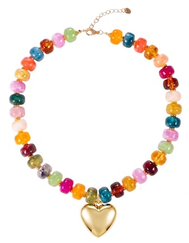 SYNLIN Resin Chunky Beaded Necklace for Women, Adjustable Heart Pendant Beaded Choker, Lightweight Statement Necklace, Boho Summer Beach Jewelry - color: Vibrant Multicolor