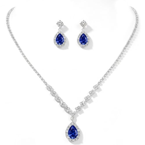 Unicra Bride Crystal Necklace Earrings Set Bridal Wedding Jewelry Sets Rhinestone Choker Necklace Prom Costume Jewelry Set for Women and Brides - color: Dark Blue