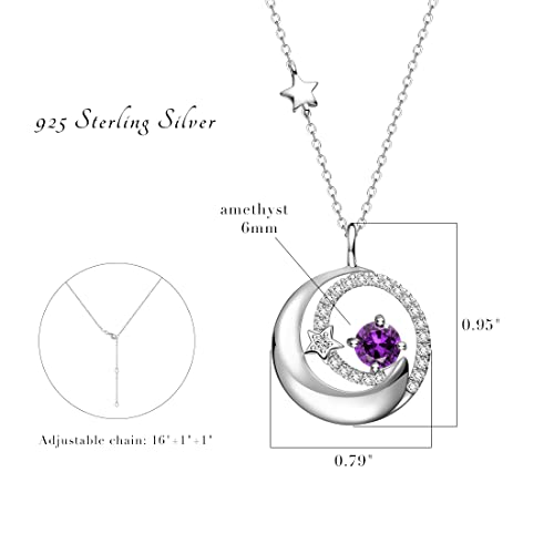 FANCIME Birthstone Necklaces 925 Sterling Silver Moon and Star Pendant Fine Jewelry Birthday Mothers Day Gifts for Mom Wife Her Daughter, Adjustable Chain 16+2" - color: Feb.- Amethyst