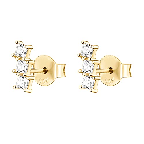 PAVOI 14K Gold Plated 925 Sterling Silver CZ Simulated Diamond Earrings | Dainty Geometric Shape Mini Bar Stud Earrings for Women - color: Yellow Gold, style: Offset