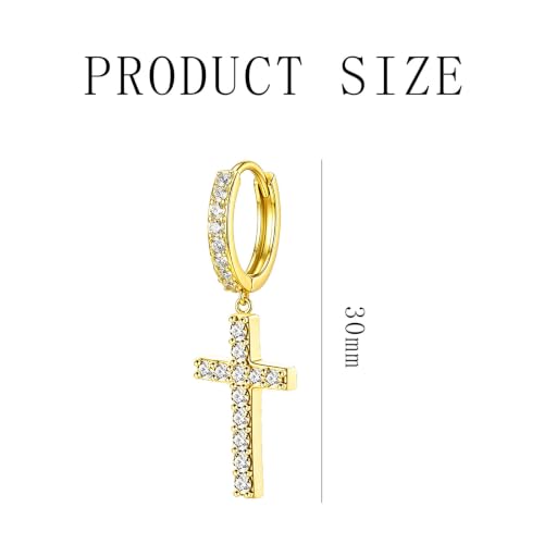 NEWITIN CZ Cross Earrings for Men Women 14K Gold Plated Huggie Hoop Earring | Hypoallergenic, 5A+ Cubic Zirconia, Cartilage Earring, Sensitive Ears, Silver Gold, Men Hoops Dangling, Cross Diamond Earring - color: Gold B