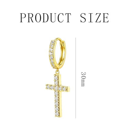 NEWITIN CZ Cross Earrings for Men Women 14K Gold Plated Huggie Hoop Earring | Hypoallergenic, 5A+ Cubic Zirconia, Cartilage Earring, Sensitive Ears, Silver Gold, Men Hoops Dangling, Cross Diamond Earring - color: Gold B