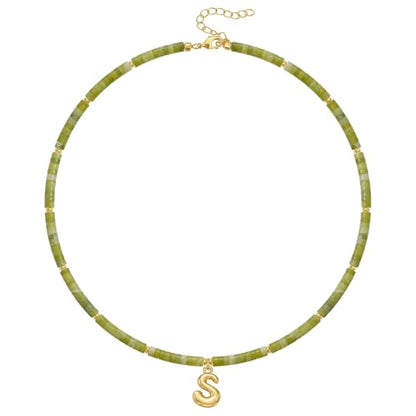 KELORIS PATH Beaded Initial Necklace for Women, 14K Gilded Plated Bubble Letter Pendant Natural Handmade Stone Choker Boho Colorful Summer Beach Jewelry Gift - color: Green Aventurine, style: Letter S