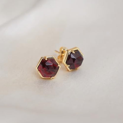 Gempires Hexagon Gemstone Stud Earrings for Women, 14K Gold Plated Hypoallergenic Prong Bezel, Faceted 8mm Crystal Minimal Jewelry Gift