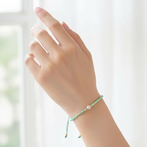 Boho Colorful Glass Gold Plated Seed Beaded Bracelets or Women, Handmade Romantic Freshwater Pearl Adjustable String Braided Rope Jewelry, Summer Beach Daily Party Friendship Gift - color: Green
